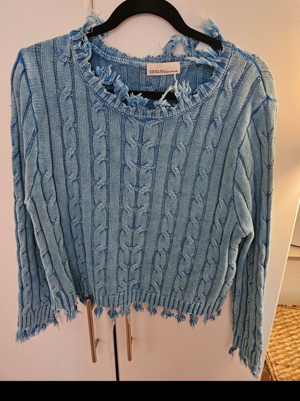 Zenana Outfitters Blue Distressed Cable Crew Sweater